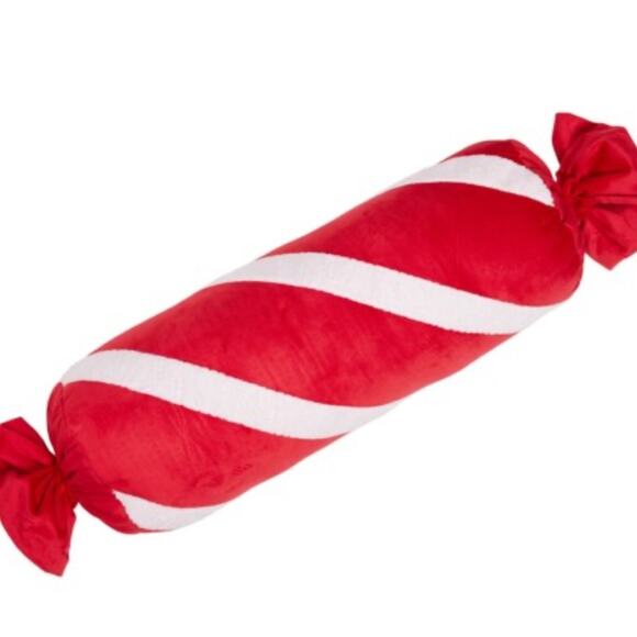 Peppermint Candy Cane Bolster Pillow Red White Stripe Plush Holiday Decor 20" - Picture 2 of 6